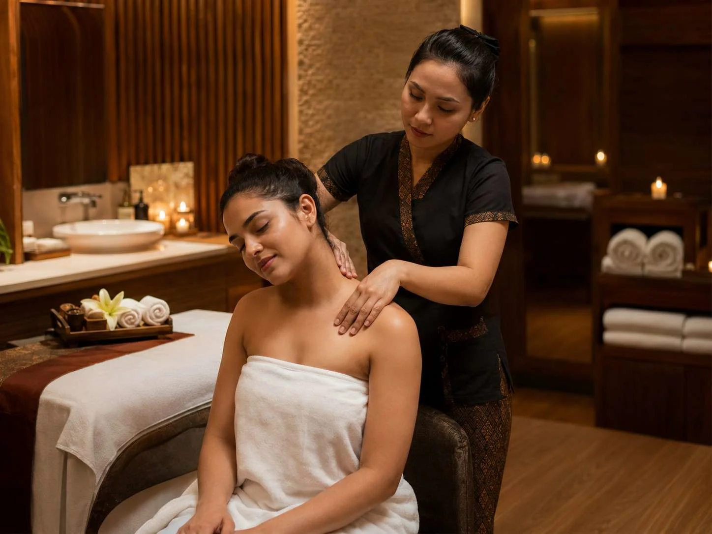 Neck and shoulder massage in Gulshan Dhaka private spa room at Gulshan Royal Thai Spa