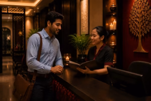 Business professional discussing wellness options with hospitality staff in a luxury wellness center near Gulshan
