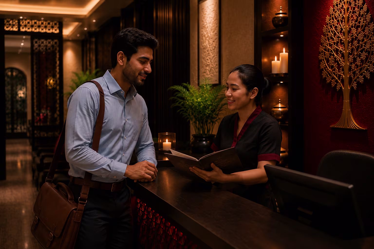 Business professional discussing wellness options with hospitality staff in a luxury wellness center near Gulshan