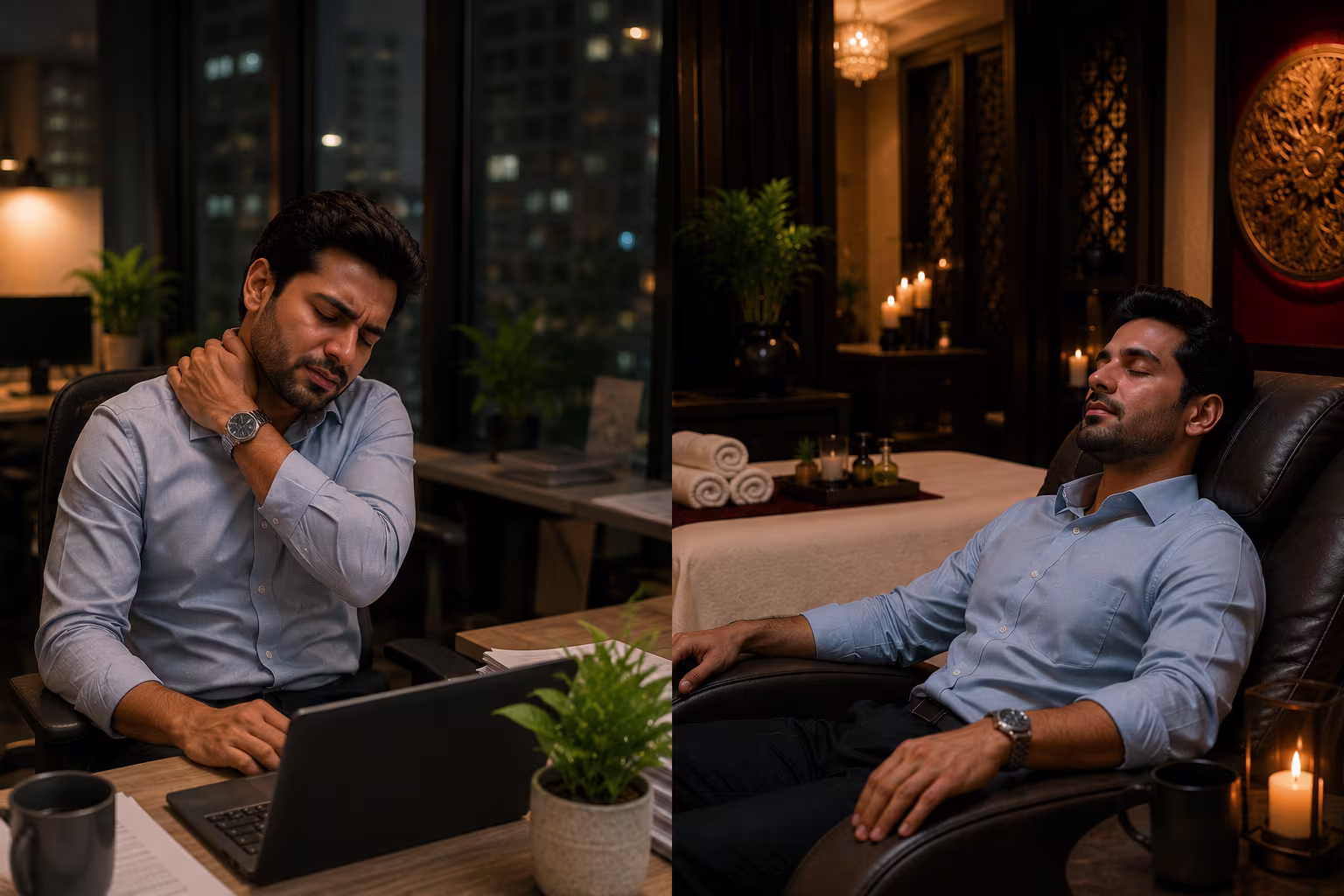 Corporate employee experiencing neck and shoulder tension after desk work