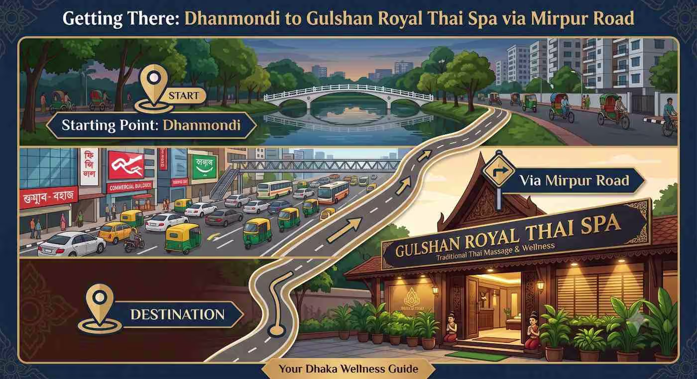How to reach Gulshan Royal Thai Spa from Dhanmondi via Mirpur Road