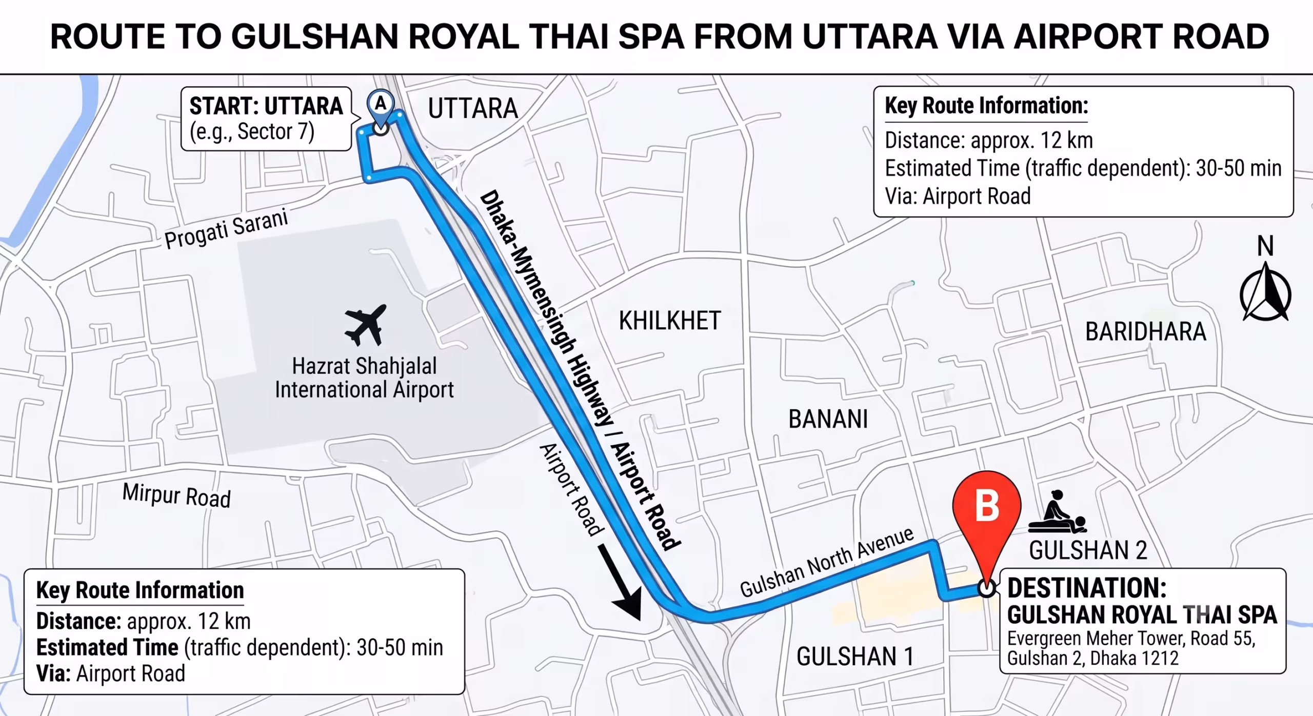 How to reach Gulshan Royal Thai Spa from Uttara Dhaka via Airport Road