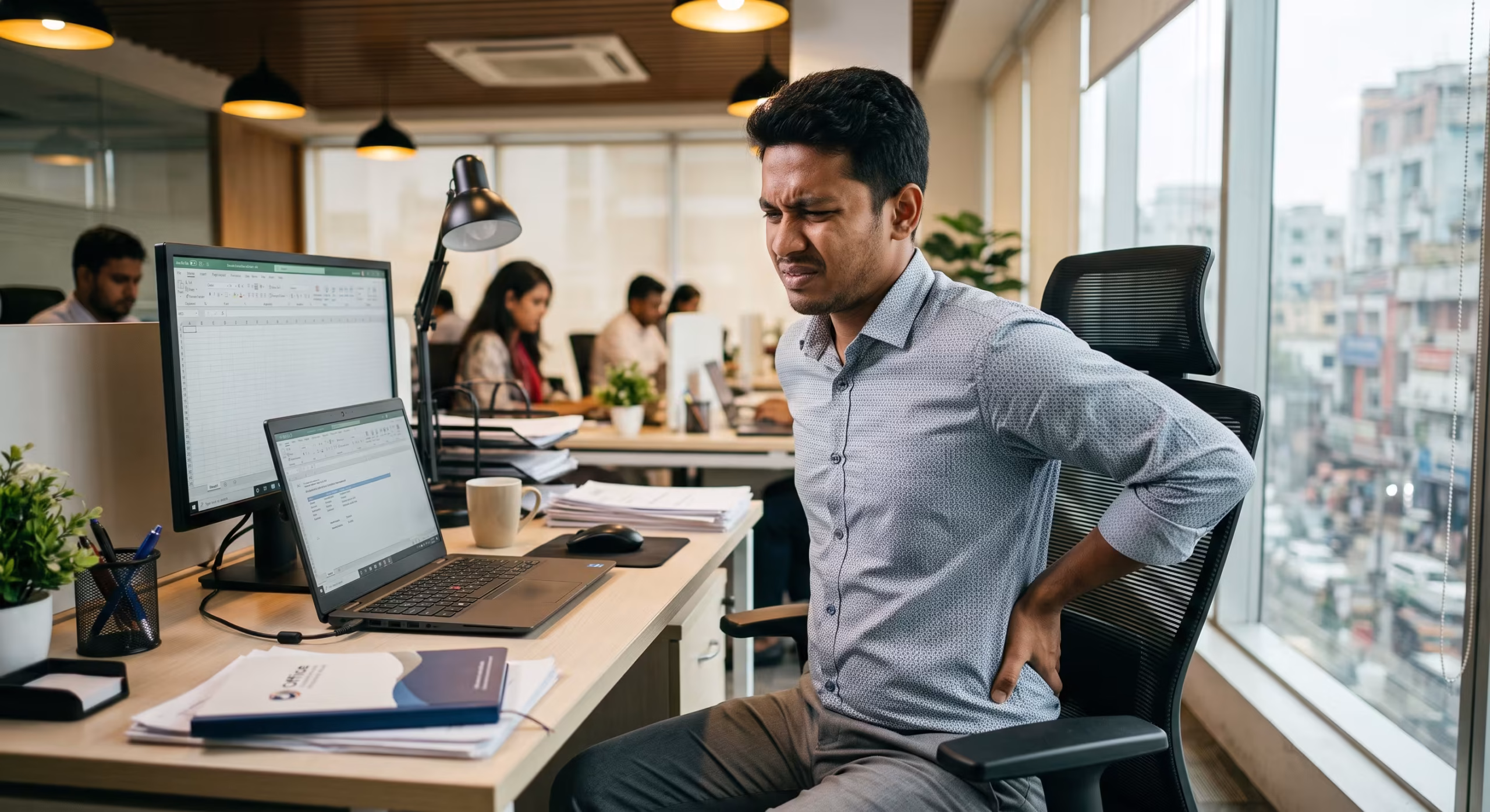 Office worker in Dhaka experiencing back pain from desk work