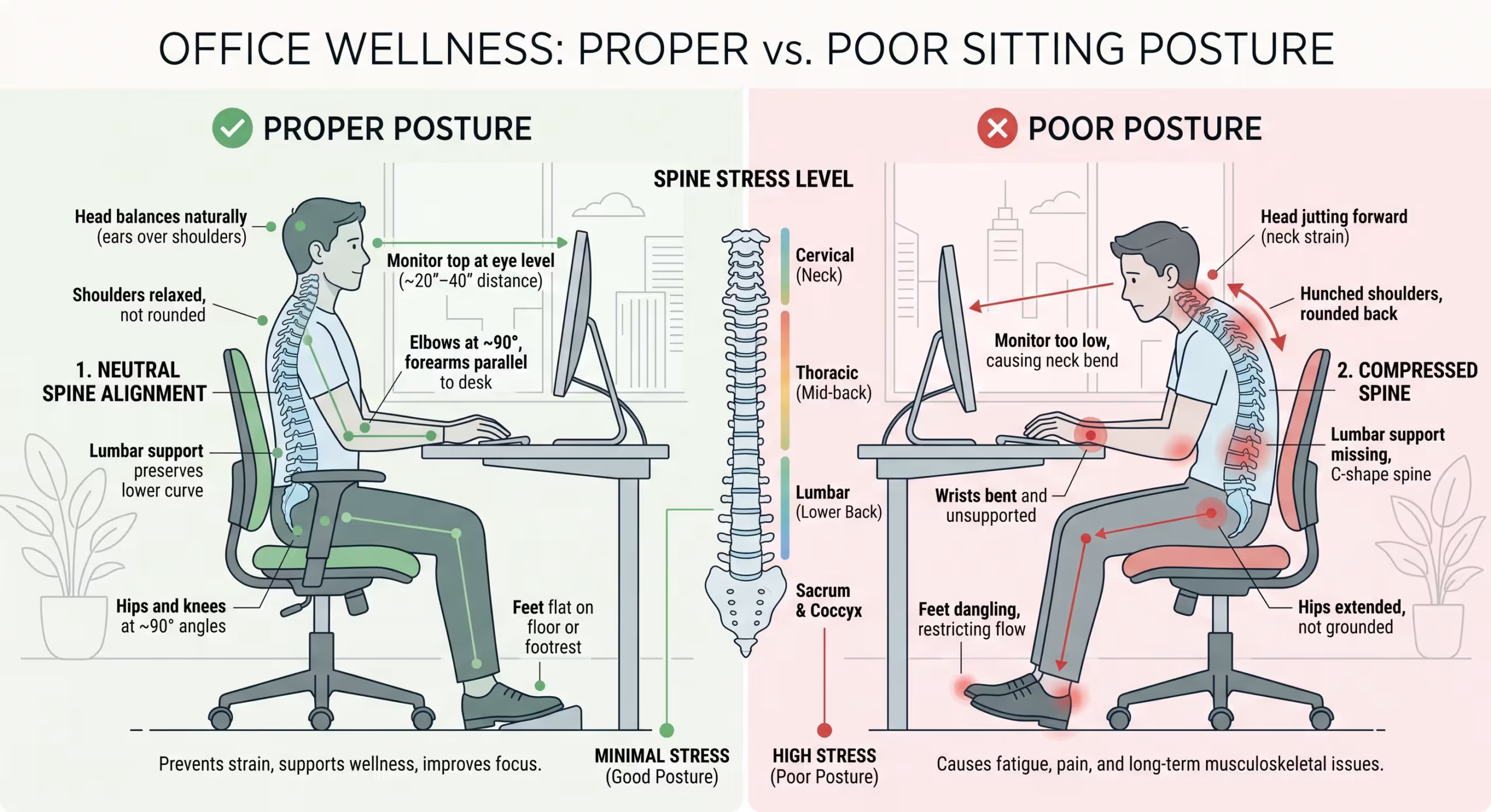 Proper desk posture to prevent back pain for office workers in Dhaka